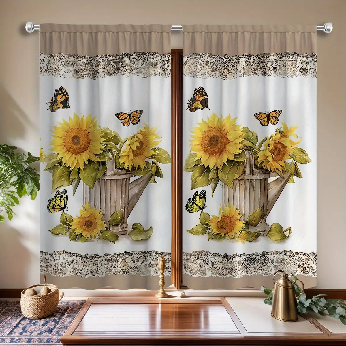 TEMU 2pcs New Stylish High-end Window Curtains With Sunflower And Patterns, Suitable For , Ideal For Bedrooms, Kitchens, Offices, Study Rooms, And