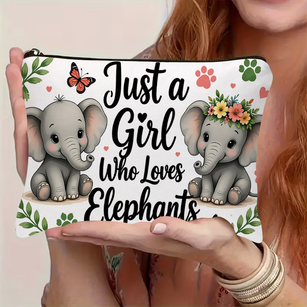 TEMU Cute Elephant Print Polyester Cosmetic Bag, " Who Elephants" Pattern With Floral & Heart Decor, Portable Travel Toiletry Pouch For Daily Use And