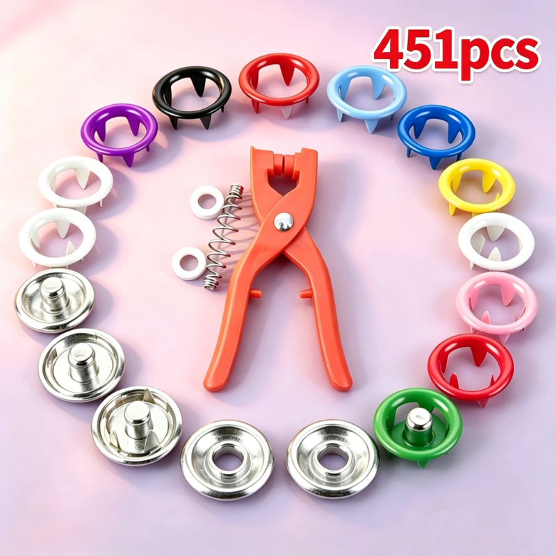 TEMU 451pcs Flexible-use Press Stud Fastener Kit, Mixed- Buttons And Hand-operated Pliers For Creation