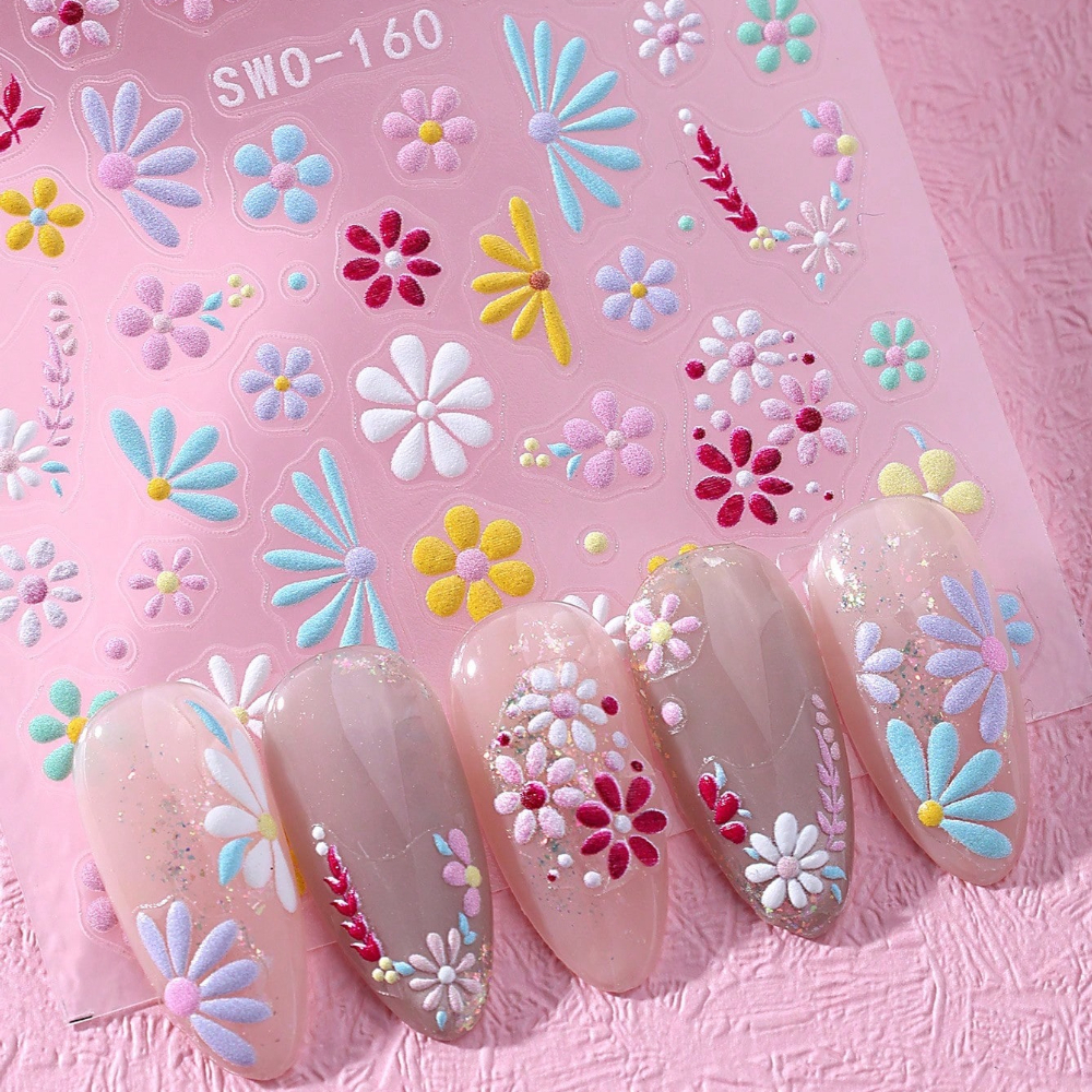1pc Delicate Daisy Petal Nail Stickers, Colorful Macaron Flowers And Leaves, Spring And Summer Nail Decorations