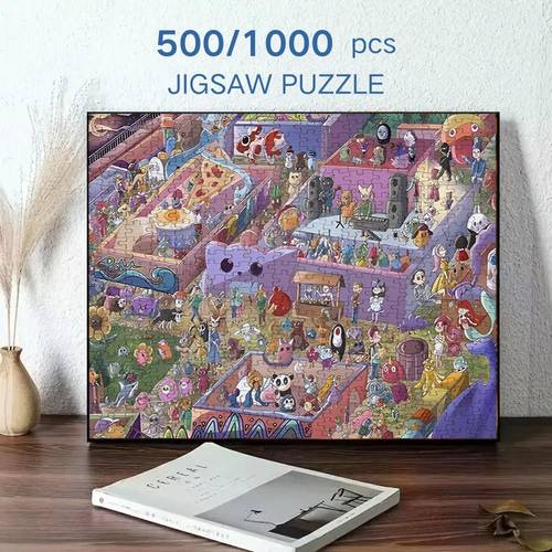 item picture 500 1000pcs puzzle for adults families whimsical cartoon town with cute creatures puzzle with vibrant colors portable scratch resistant educational art activity