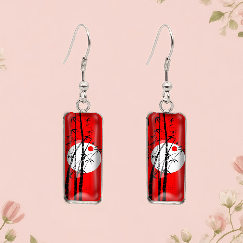 TEMU Orecchini pendenti rettangolari con illustrazione a motivo di bamb羅 , orecchini in vetro, idea regalo, senza batteria