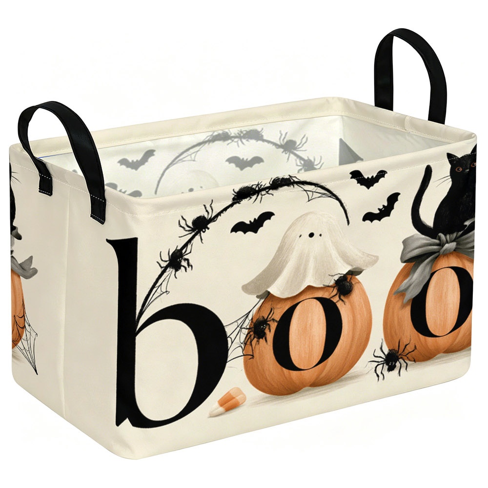 TEMU 1pc, Halloween Boo Themed Storage Basket, Spooky Print With Pumpkins, , Black Cat, & Bats, Multiple Specifications , Festive Organizer For