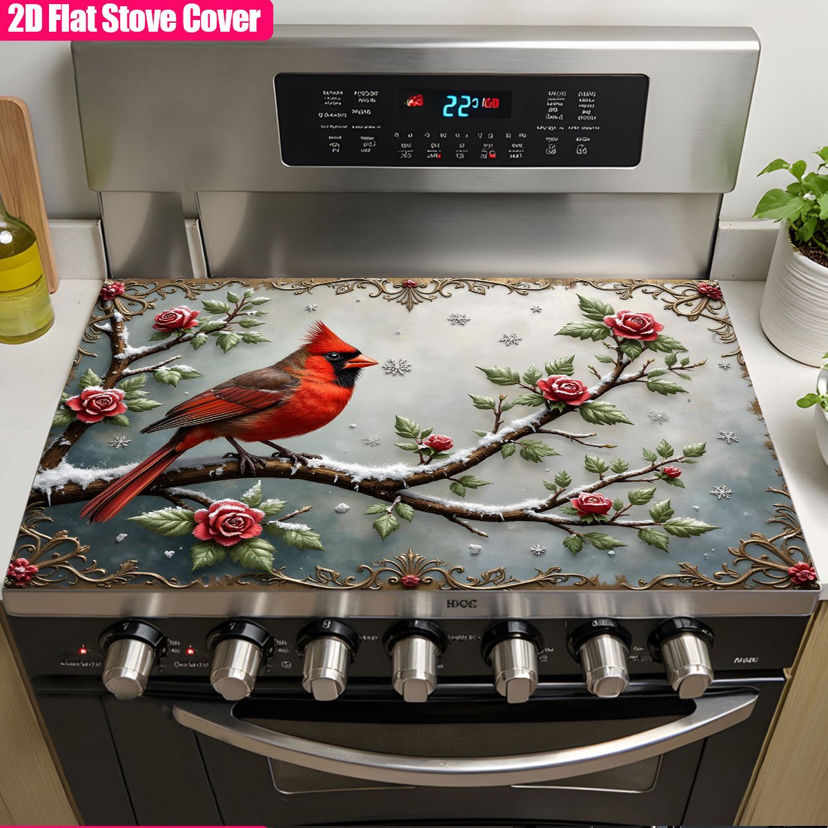 TEMU Single Piece, Two-dimensional Flat Cover For Electric Stove Featuring A Red With Roses And Snowflakes, Serving As A Replacement Panel, Coaster,