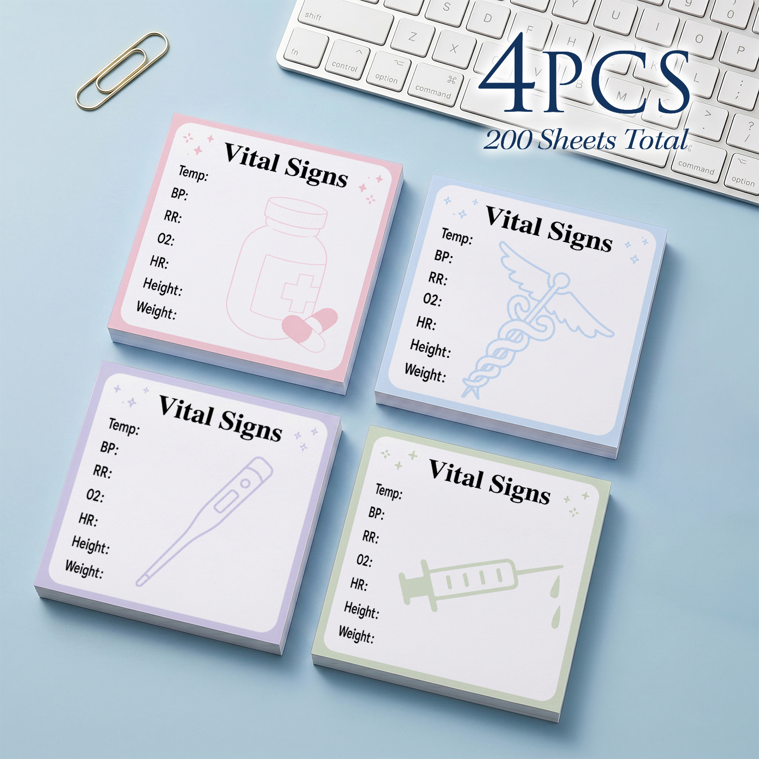 TEMU 4 blocs-notes autocollants pour vitaux 3X3 pouces, 200 feuilles de bloc-notes médicaux autocollants, bloc-notes de soins pour infirmières et