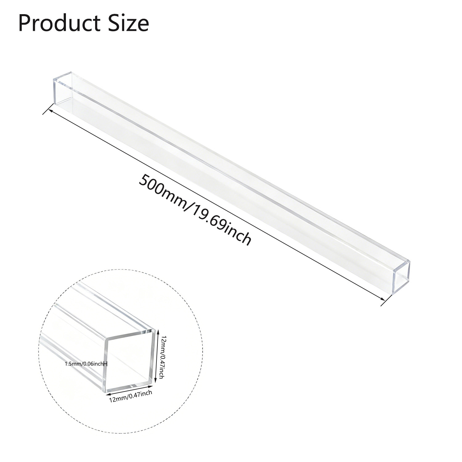TEMU 1 pieza de tubo cuadrado de acrílico, 10 mm de ancho, 500 mm de largo, tubo hueco transparente, para manualidades DIY, iluminación, lámparas y