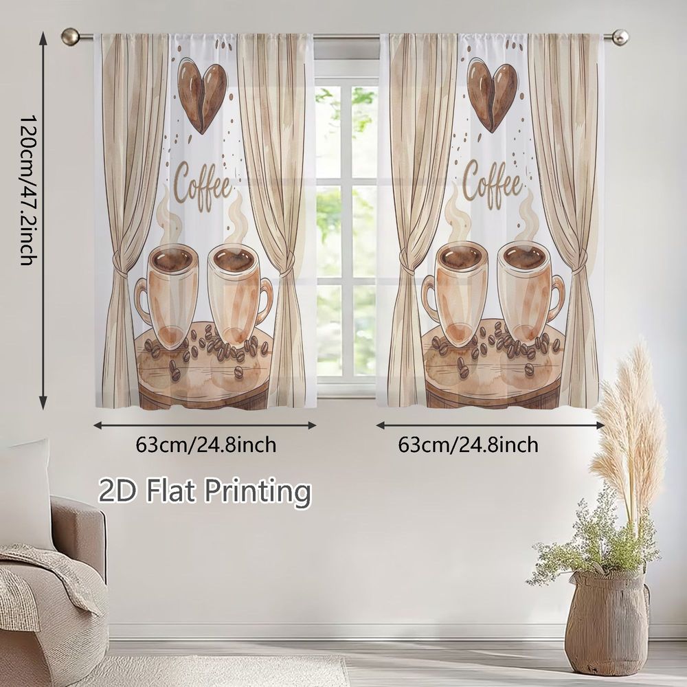 TEMU 2D Plat - 2D Plat - Ensemble de rideaux transparents légers pour et l'été, ornés de mugs à café en aquarelle chaleureuse avec de jolis lettrages