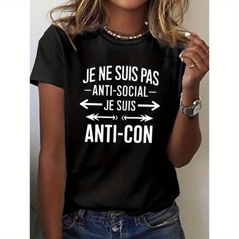 

T-Shirt pour Femmes "JE NE PAS ANTI-SOCIALE" - Chic Col avec Typographie Française, Haut Décontracté à Manches Courtes, Mélange de Polyester et Spandex, Lavable en Machine - pour & l'Été