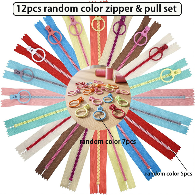 TEMU 12pcs Random - #3 Resin Zipper And Zipper (includes 5pcs Color- #3 Resin Zippers And 7pcs #3 Round Zipper Heads) Exquisite Appearance, Practical