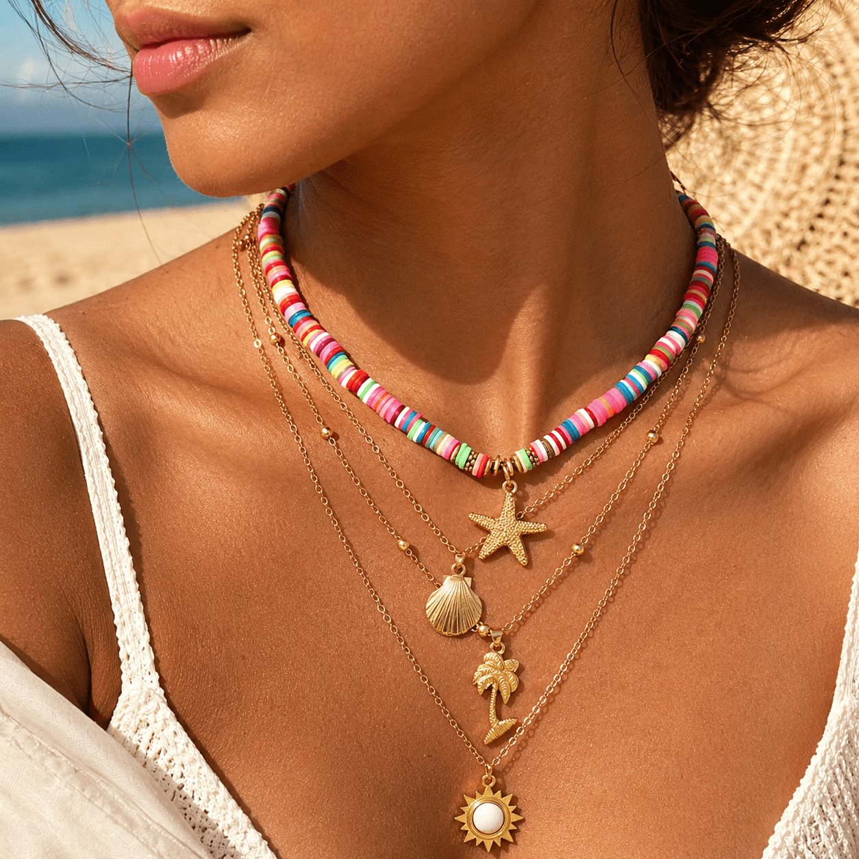 TEMU 1 Set Collana a Stile Bohemien da Spiaggia, Stile Donna, Ciondolo con Perline Giapponesi, Stella Marina , Conchiglia, Palma, Ciondolo Solare,