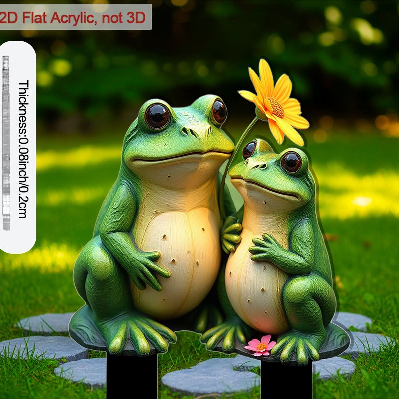 TEMU 2d Flat - 【2d Flat】 2d Flat - [2d Flat] A 2d Acrylic Garden Frog Decoration Featuring 2 Green Frogs With Flowers, Suitable For Outdoor Or Indoor