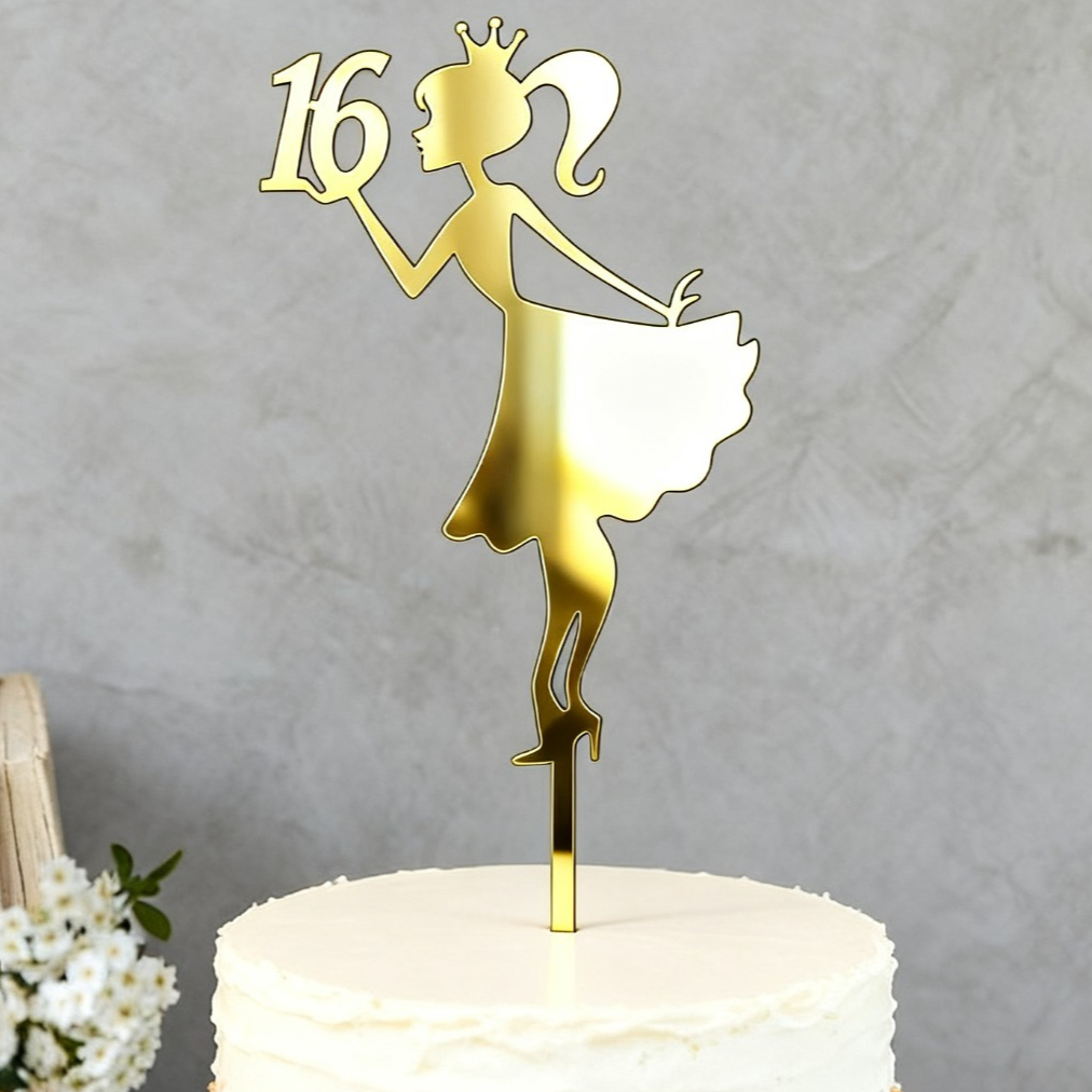Image of 1pc Golden Acrylic 16 Cake Topper, Happy 16th Birthday Decor, Modern Glittery Acrylic Cake Pick, Party Supplies For Girls, For New Year Easter Mothers Day Graduation No Batteries Required
