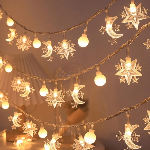 10-LED Star and Moon Light Bulb String | Battery Powered, Ideal for Ramadan, Valentine'S Day, Bedroom, Home, Wall Decor, Birthday Parties, Wedding Season, New School Year - Classic Style, Plastic Material