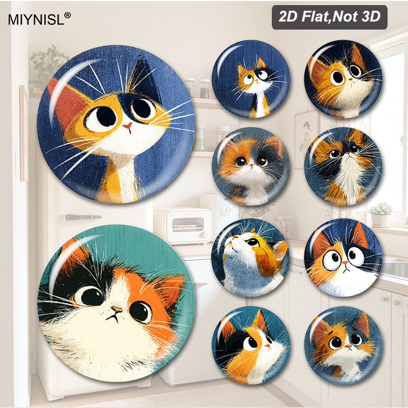 TEMU 2d Flat 10pcs Glass Refrigerator Magnets Featuring 10 Different Cute Cartoon Cat Illustrations With Diverse Adorable Styles For Charming And Fun