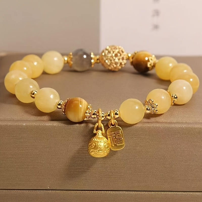 TEMU Elegant Yellow Crystal Bead Bracelet With - Bohemian Style, Natural Stone, Perfect For Casual Wear And Gifts