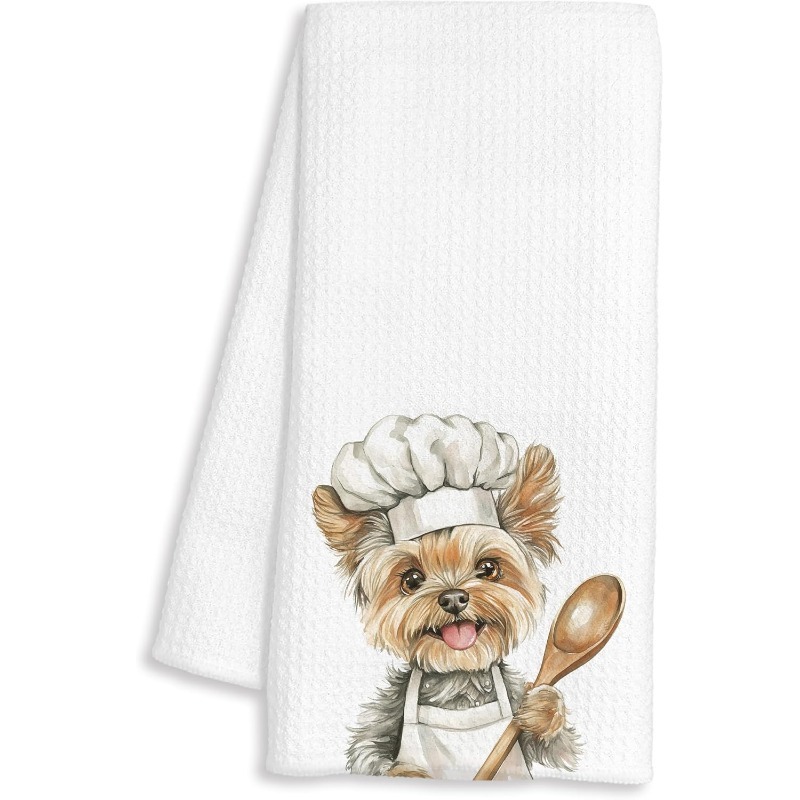 TEMU 1pc Funny Yorkshire Terrier Chef Yorkie Dog Kitchen Towels - Cute Yorkie Chef Apron Design With Chef Hat & Spoon, Durable Dish Tea Towels For