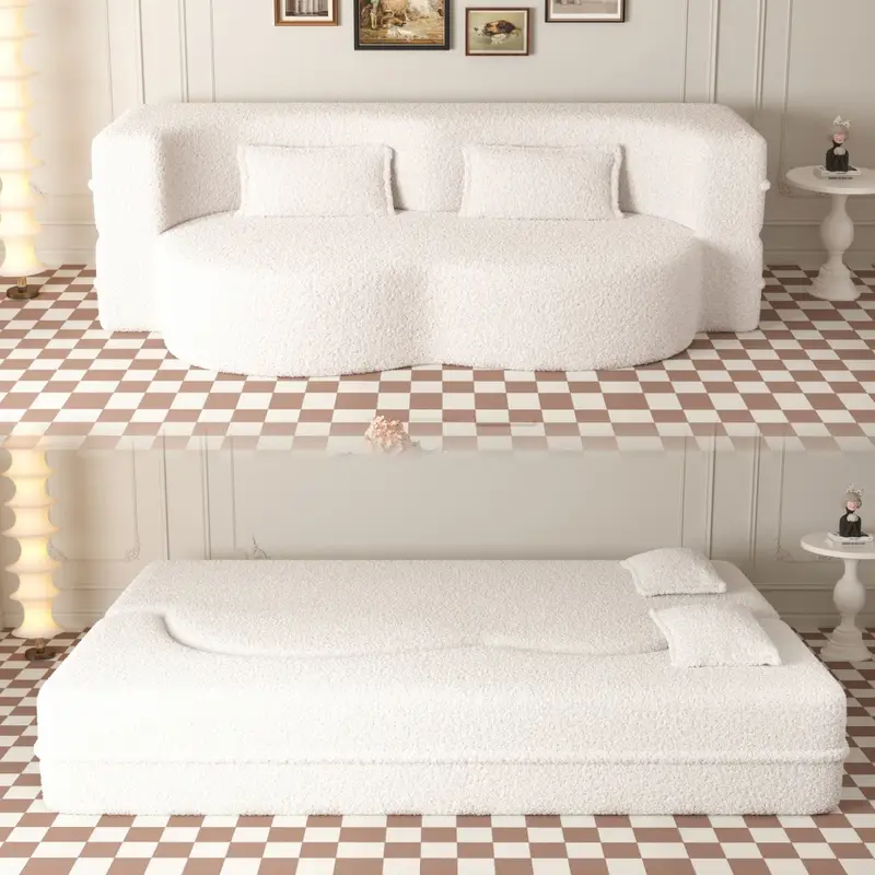 modern floor sofa with 2 pillows convertible teddy fabric foam recliner bed 15 inch full size folding mattress suitable for living room guest room no Product details 1