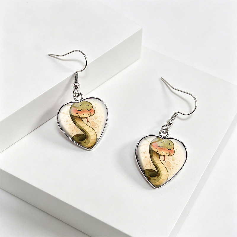 Handmade Sleepy Snake Heart-Shaped Dangle Earrings