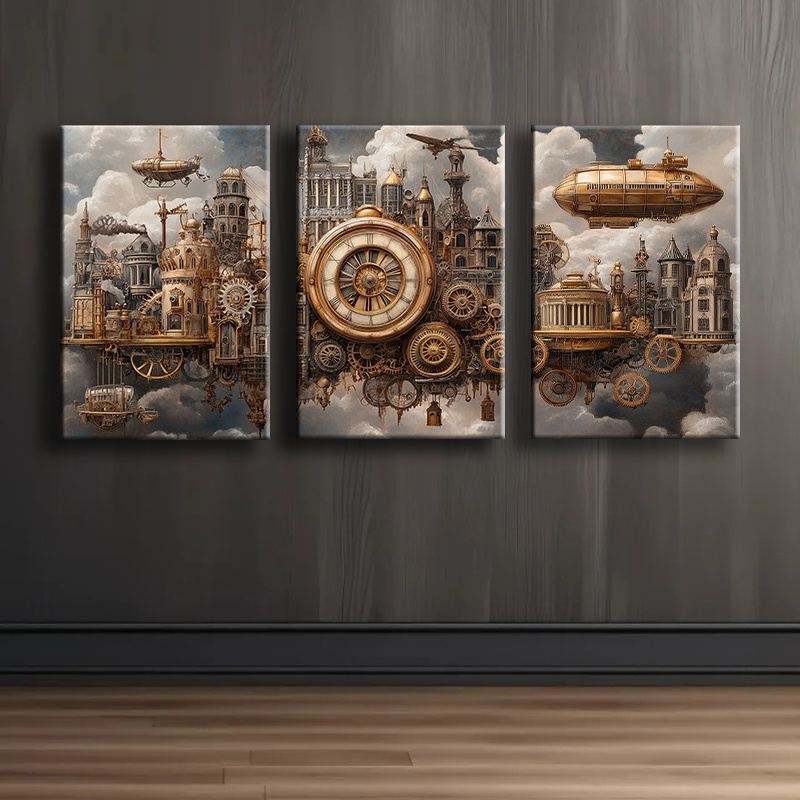 

Peinture sur Toile Cadre 30x45cm(12x18inch)x3pcs Style Steampunk - Station aérienne (2) pour , Salon, Café, Bureau, Décoration Murale, Tentures Murales Luxueuses