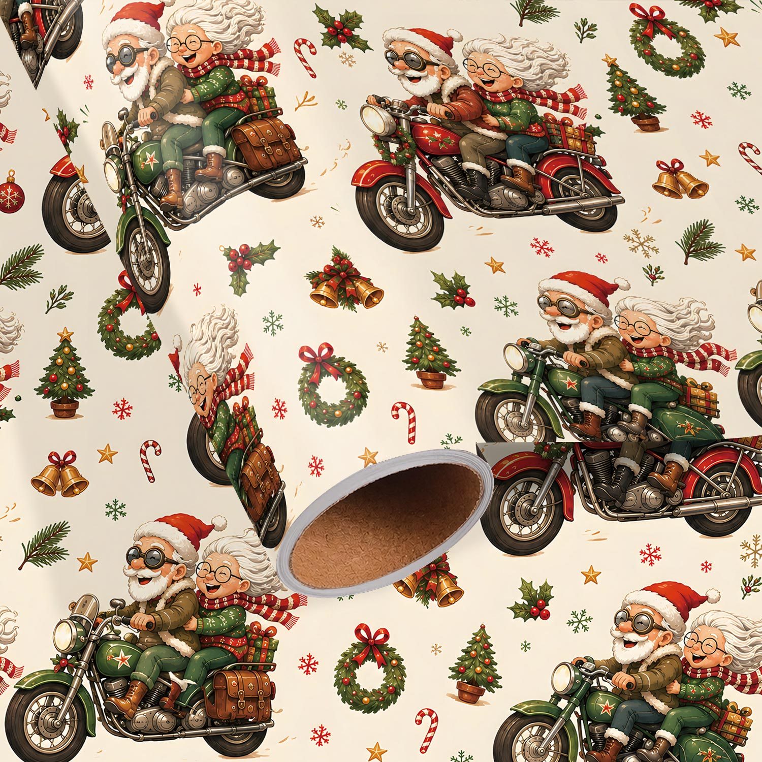 TEMU Roll Motorcycle-themed Christmas Wrapping Paper Suitable For Xmas Gifts, Biker Grandparents Design With Motorcycles, Santa Hats, Wreaths & Trees