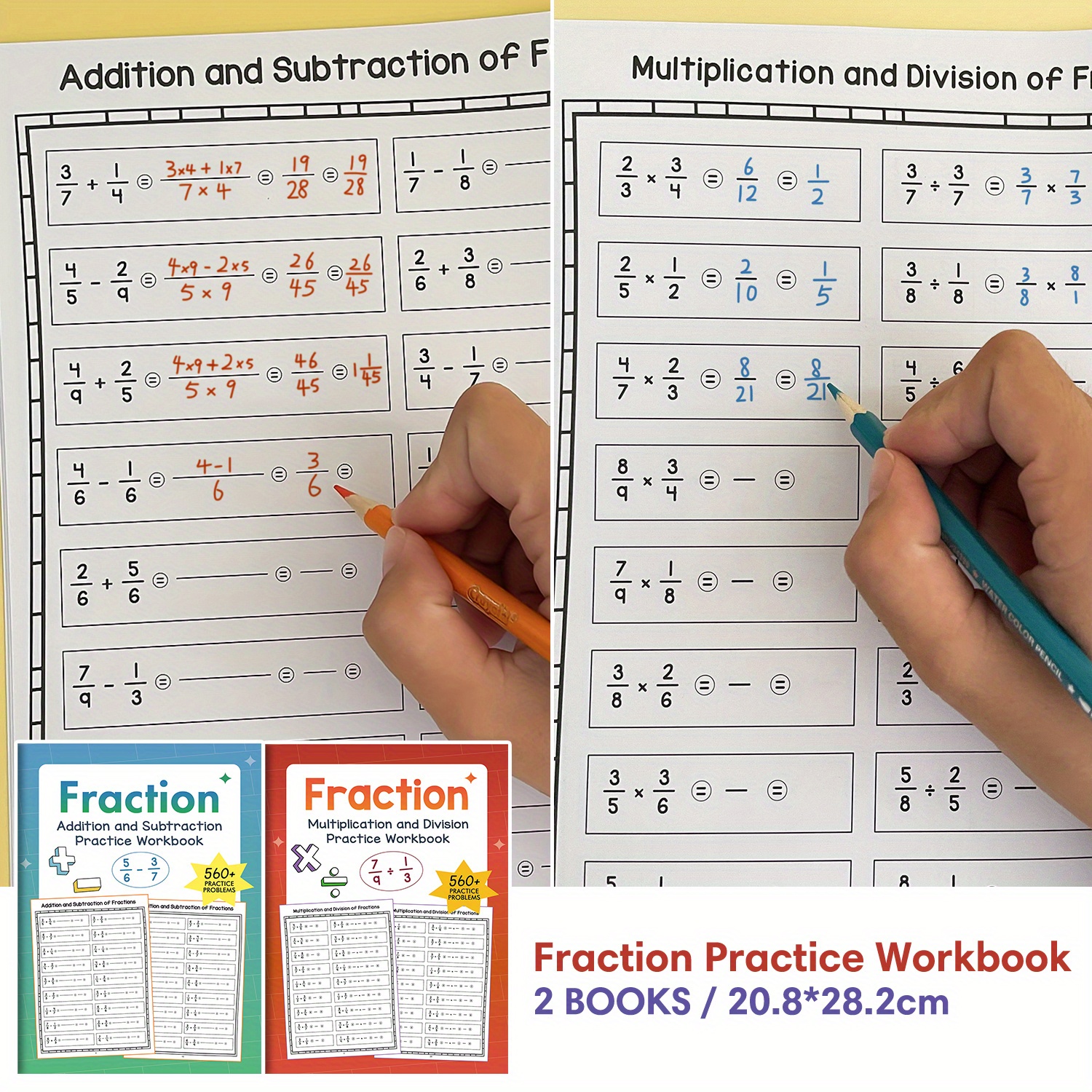 Image of Fractions Practice Workbook Set For Kids Learning Fraction Skills Of Addition Subtraction Multiplication Division | Classroom Homeschool Worksheets Learning Materials