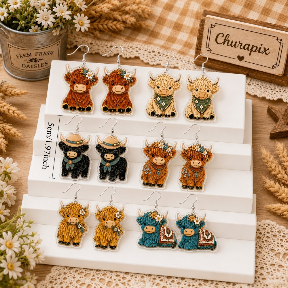 TEMU 12pcs/6 Pairs Women's Fun Acrylic Earring Set, Western Farmhouse Theme Cute Cartoon Highland Cow Earrings, Trendy Jewelry, Suitable For Parties,