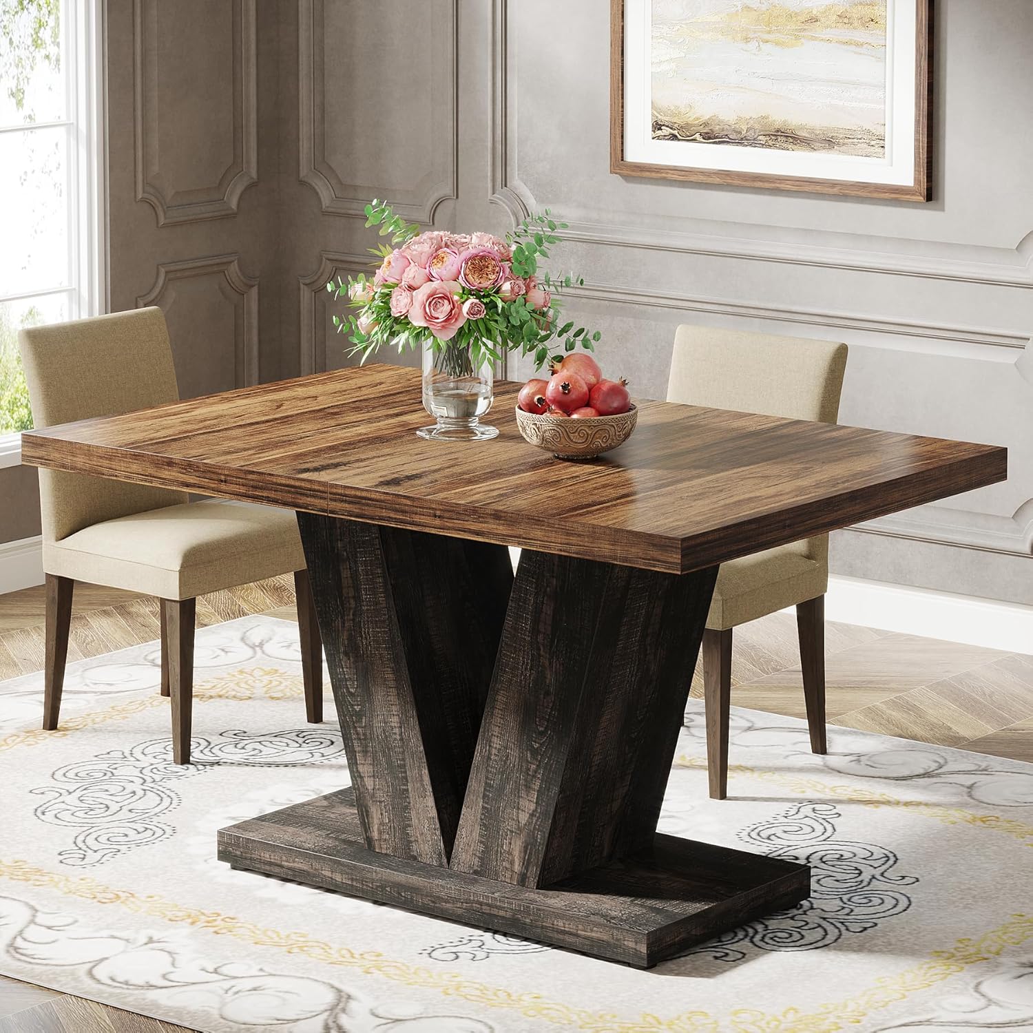 Image of 47-inch Dining Table For 4 | Black Kitchen Dinner Table With Heavy Duty Pedestal, Farmhouse Style, Weather Resistant, Wood Top, Metal Frame, , Fnova