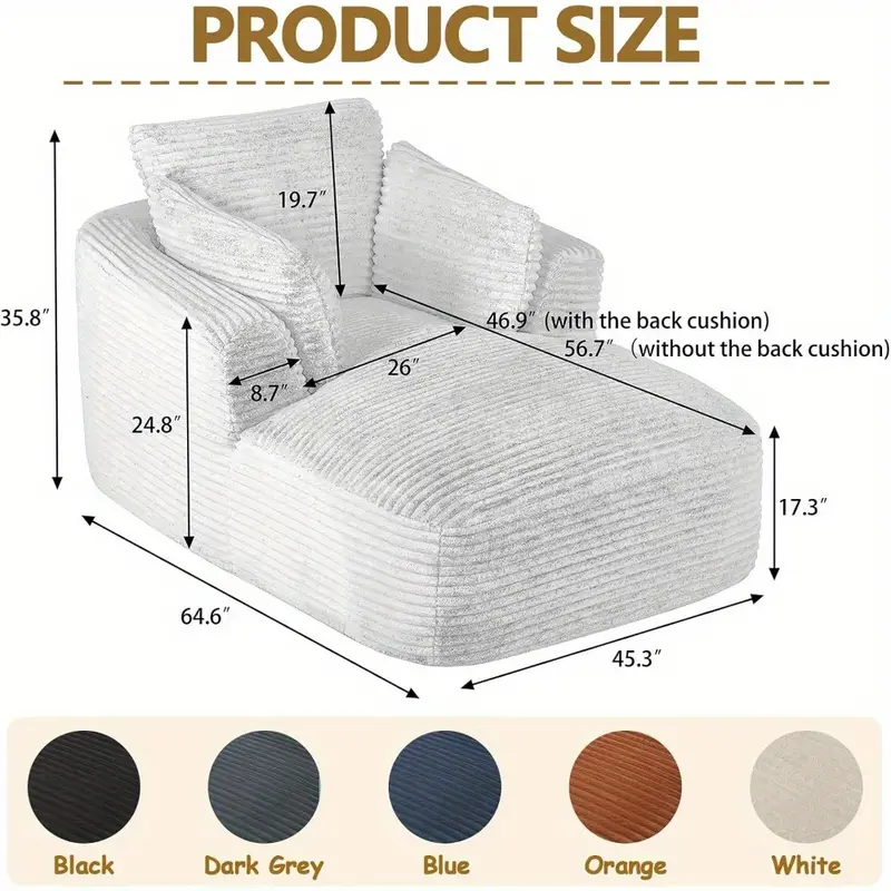 45 extra wide modern chaise lounge chair heavy duty living room bedroom recliner with plush cushion 3 pillows no upholstery for home office reading nook contemporary minimalist accent chair durable construction book lovers Product details 0