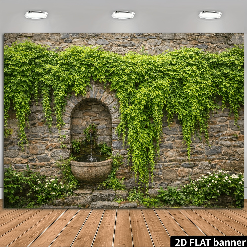 TEMU 2d Flat, Natural Stone Wall Fountain Backdrop Cloth With Ivy-covered Stone Wall & Vintage Fountain - Realistic Ivy & Greenery Suitable For