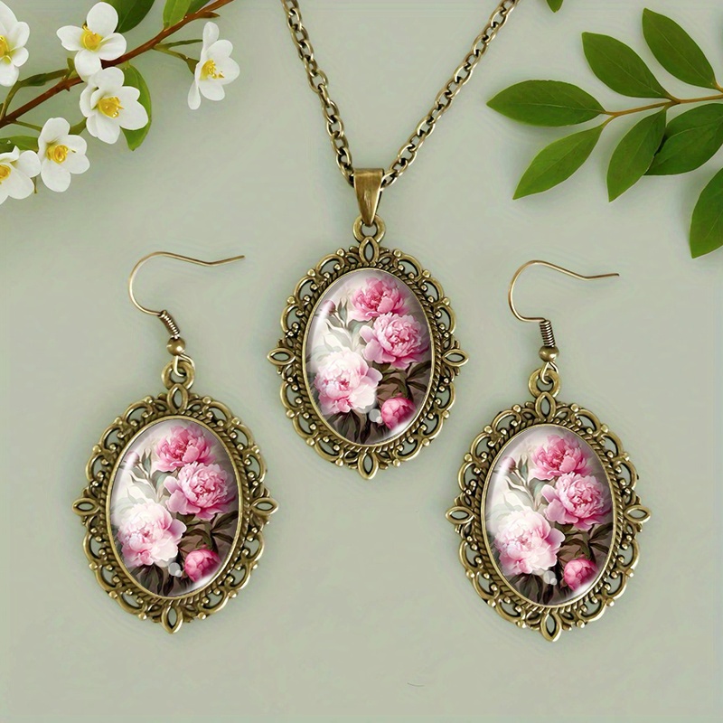 3pcs Pink Peony Necklace Earring Set Glass Dome Jewelry