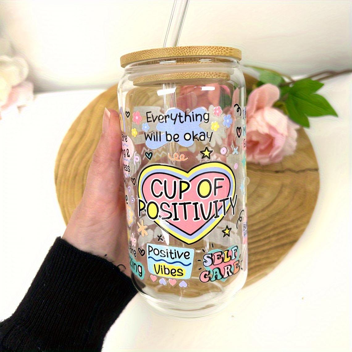 : 16 Oz Reusable Glass Cup With Lid And Straw- Suitable For Coffee, Milk, Beer, Juice, Etc.- Hand Wash