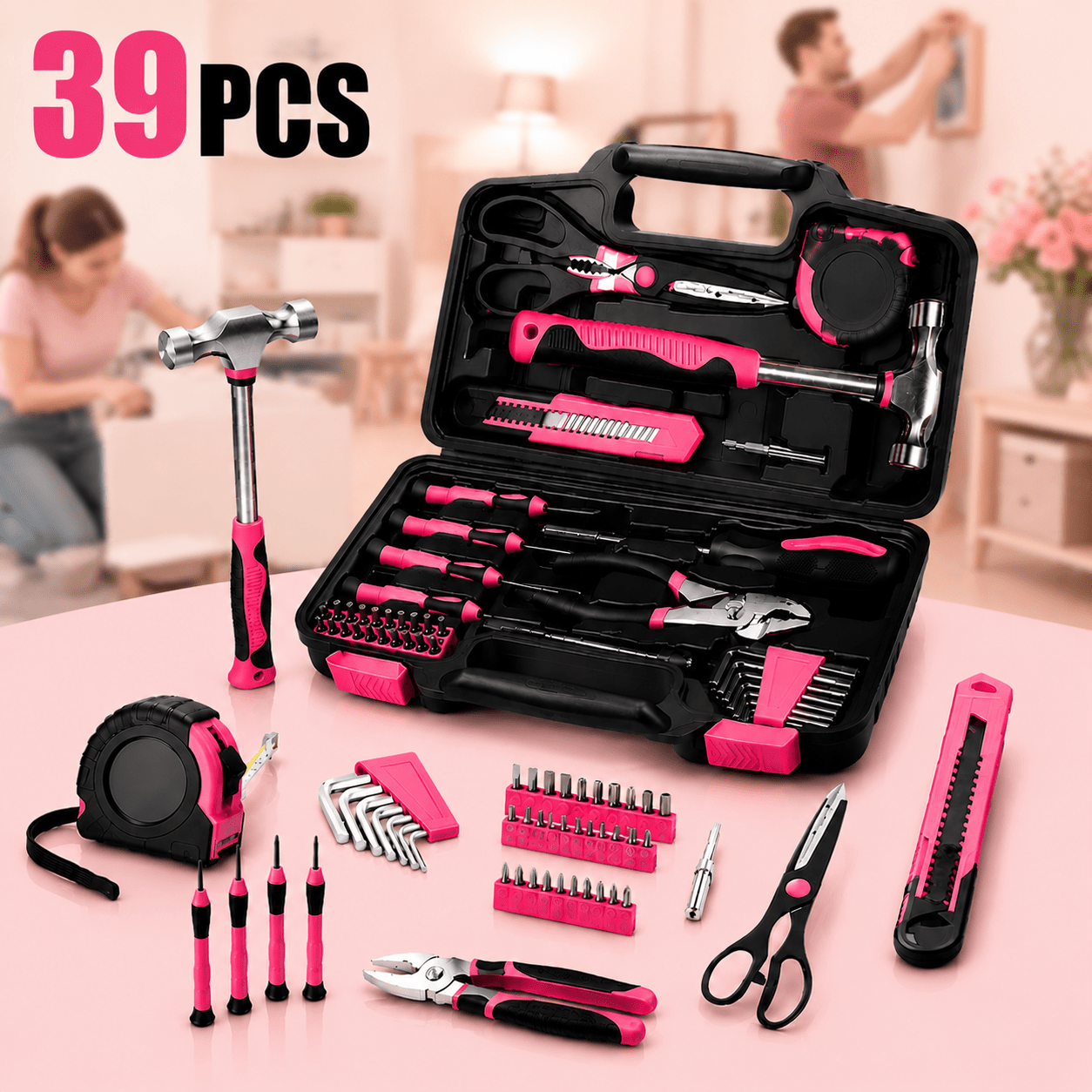 TEMU 53/40/39/13pcs Pink Tool Kit | Includes Screwdriver, Utility Knife, Scissors, Tape Measure, Hammer, Internal Hex Wrench, Pliers | Suitable For