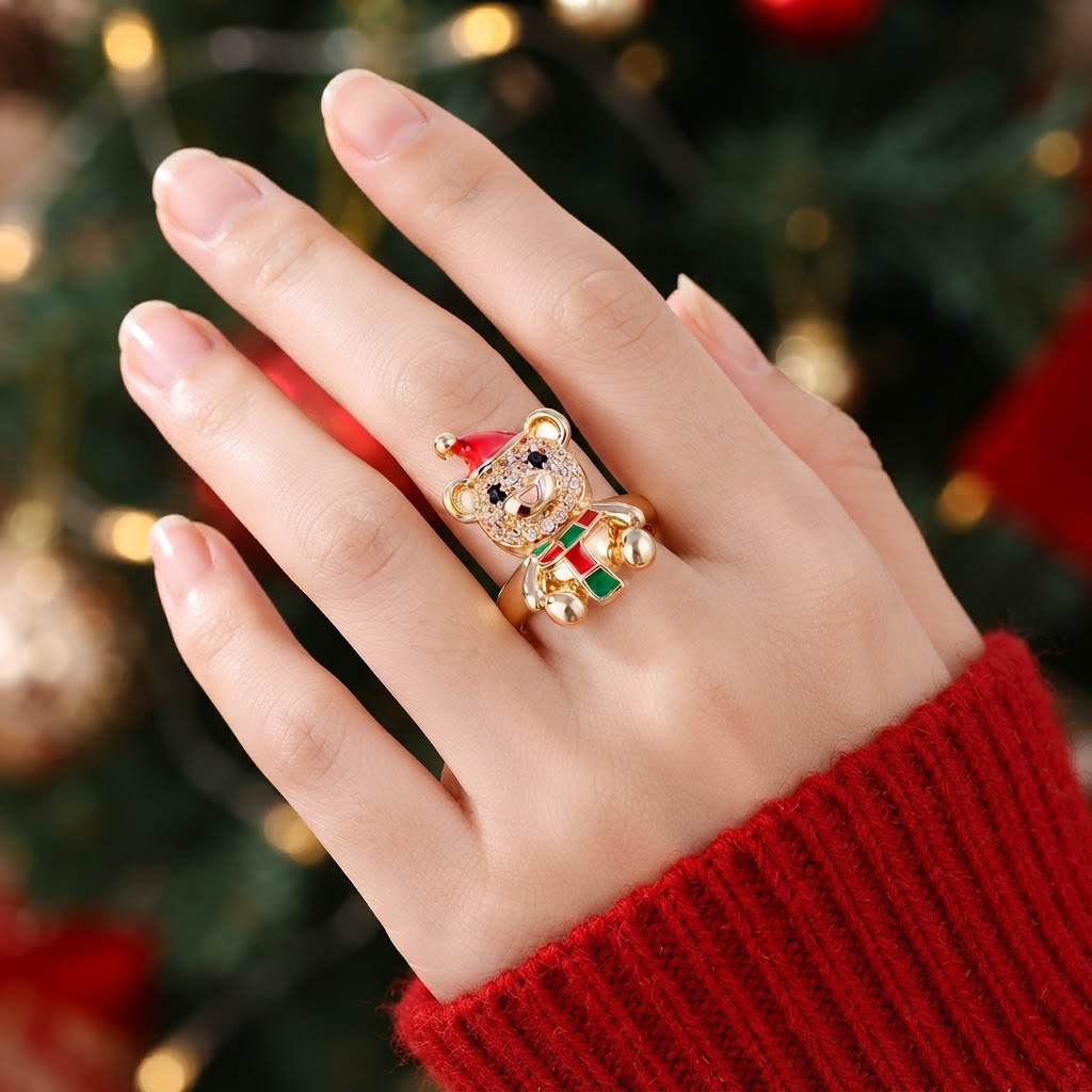 Women's Christmas Teddy Bear Open Ring, Holiday Gift