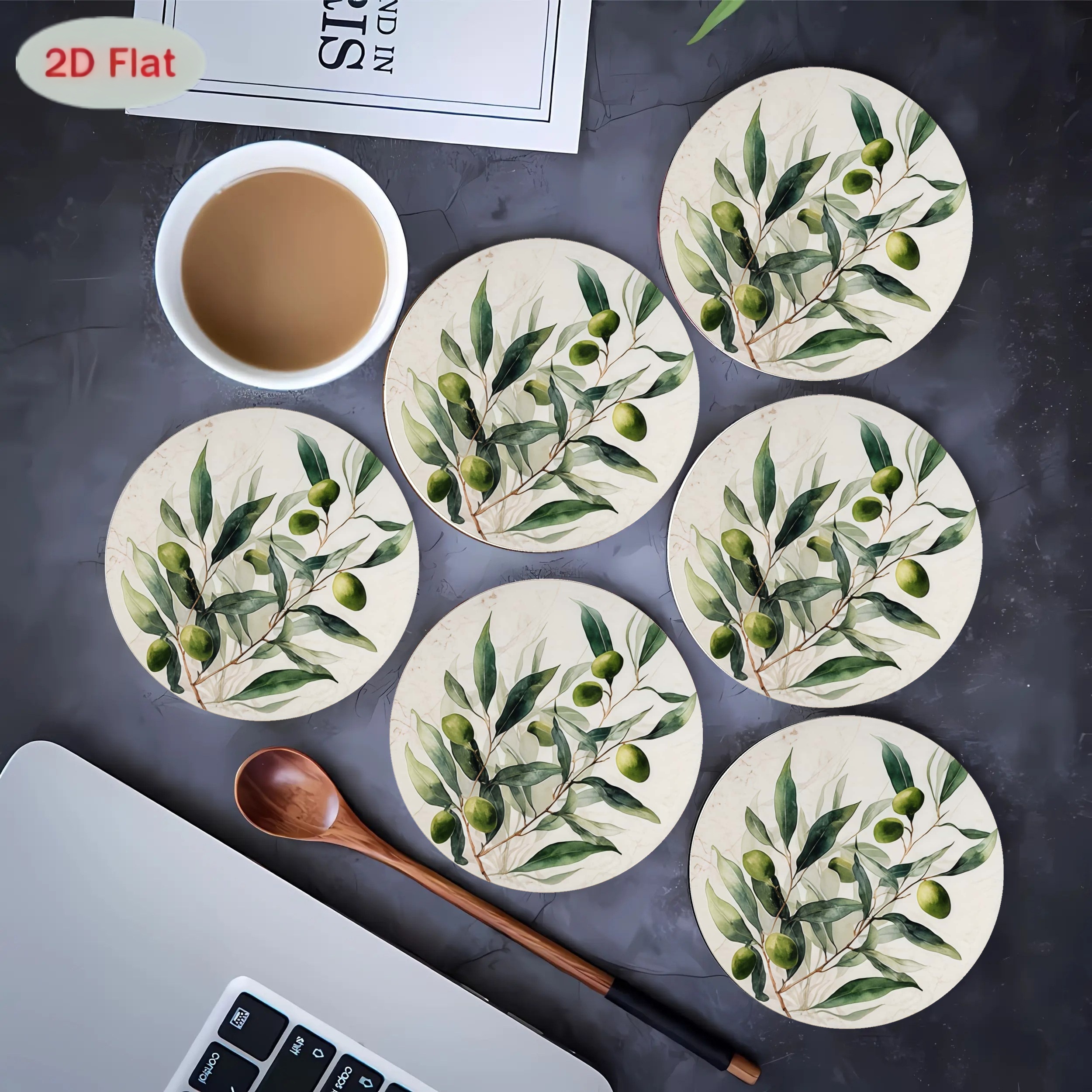 TEMU 2d Flat 6pcs Wooden Coaster Set - Durable Wooden Coasters, Suitable For Kitchen, Dining Room, Office, And Home Decor - Holiday Gatherings, 2d