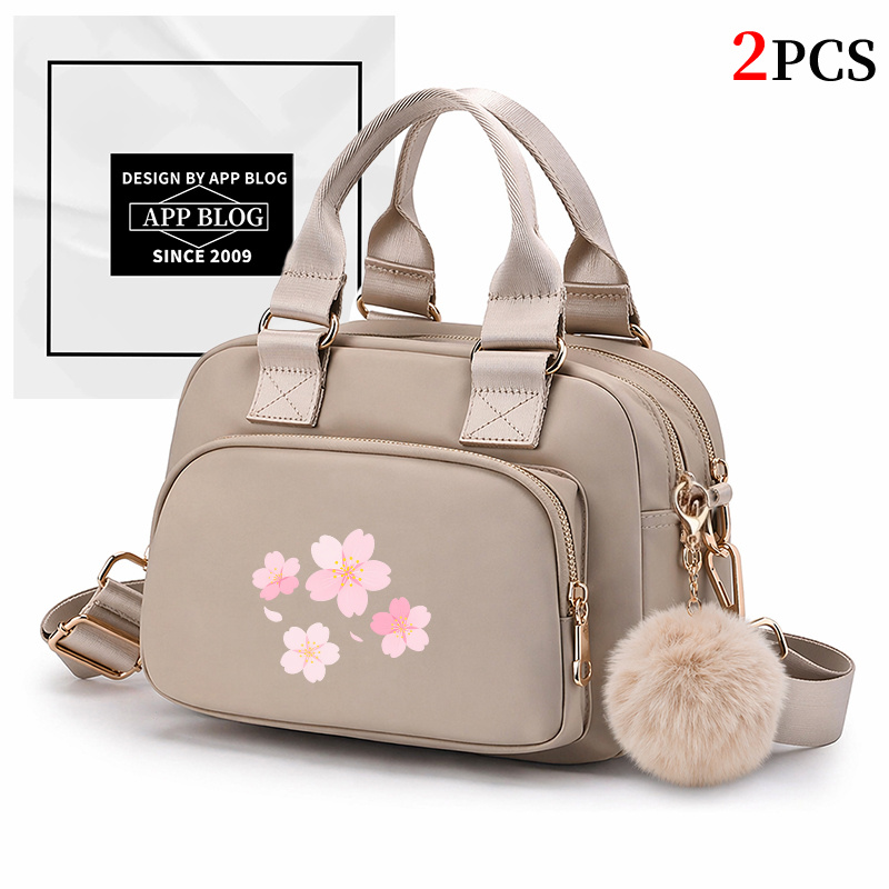 2pcs Blossoms Pattern Versatile Women's Crossbody Bag Shoulder Bag Suitable For Pairing With Cute Plush Little Balls Set. Universal Commuter Bag For Women Nylon Fabric Phone Bag Handbag