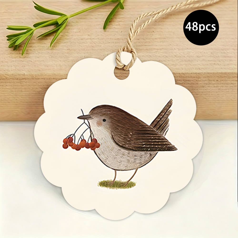 TEMU 48pcs Pack Autumn Scalloped Round Gift Tags With Hemp Rope - Vintage Bird & Berry Twig Suitable For Fall Favor Tags, Rustic Wedding Decorations,