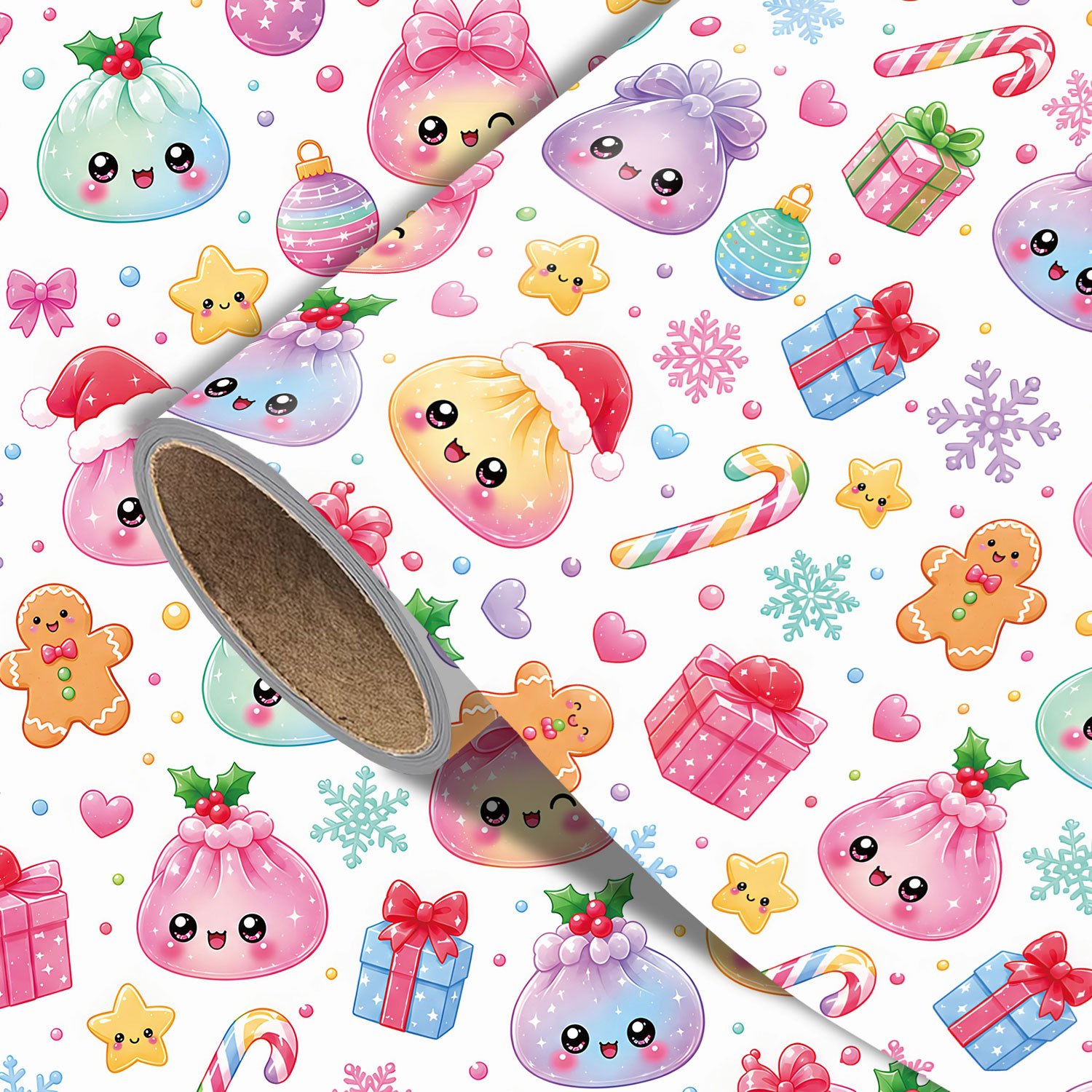 TEMU Roll Cute /dumpling Wrapping Paper Suitable For Xmas Gifts, Birthdays, Party Decorations - Adorable Dumplings, Santa Hats, Bows, Snowflakes,