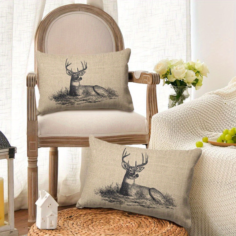 TEMU 2 stuks imagean oud hert op jute achtergrond 2 12x20 inch/30x50 cm kussensloop Zachte korte pluche kussenovertrek voor woonkamer bank sofa bed