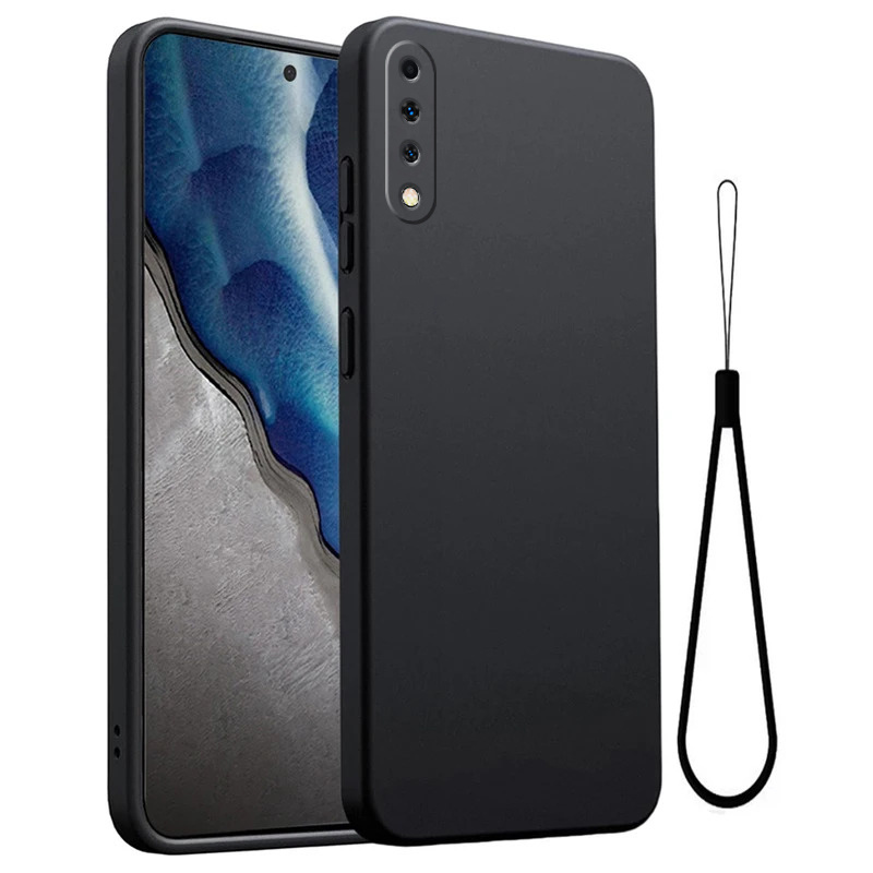 Etui za telefon - mat črn TPU ovitek z marmorirano površino za Samsung Galaxy A7 2018-A750, ujemajoča črna TPU mehka vrvica