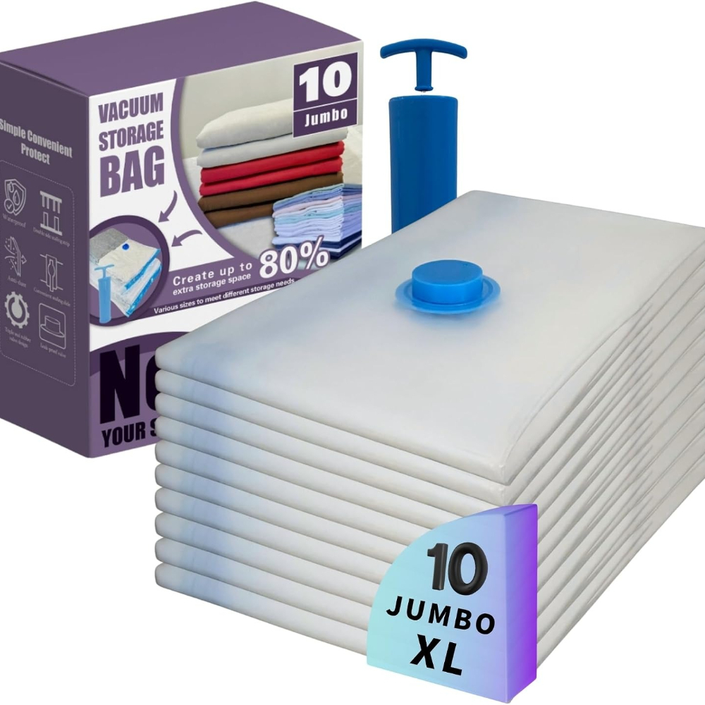 TEMU 10pcs Vacuum Storage Bag Set With Hand Pump, Extra Large Space-saving Compression For Blankets, Comforters, Bedding, Rugs, And Clothes, Vacuum