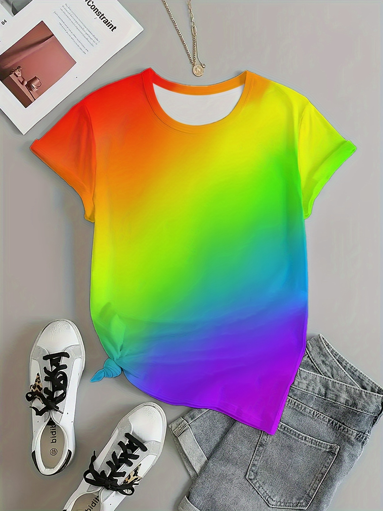 Women'S Vibrant Rainbow Gradient Tee - Soft, Breathable Polyester Blend, Casual Crew Neck, Color-Blocking Design, Short Sleeve, Relaxed Fit, Perfect for Summer Outdoor, Casual Summer Wear | Colorblock Tee | Comfortable Fit