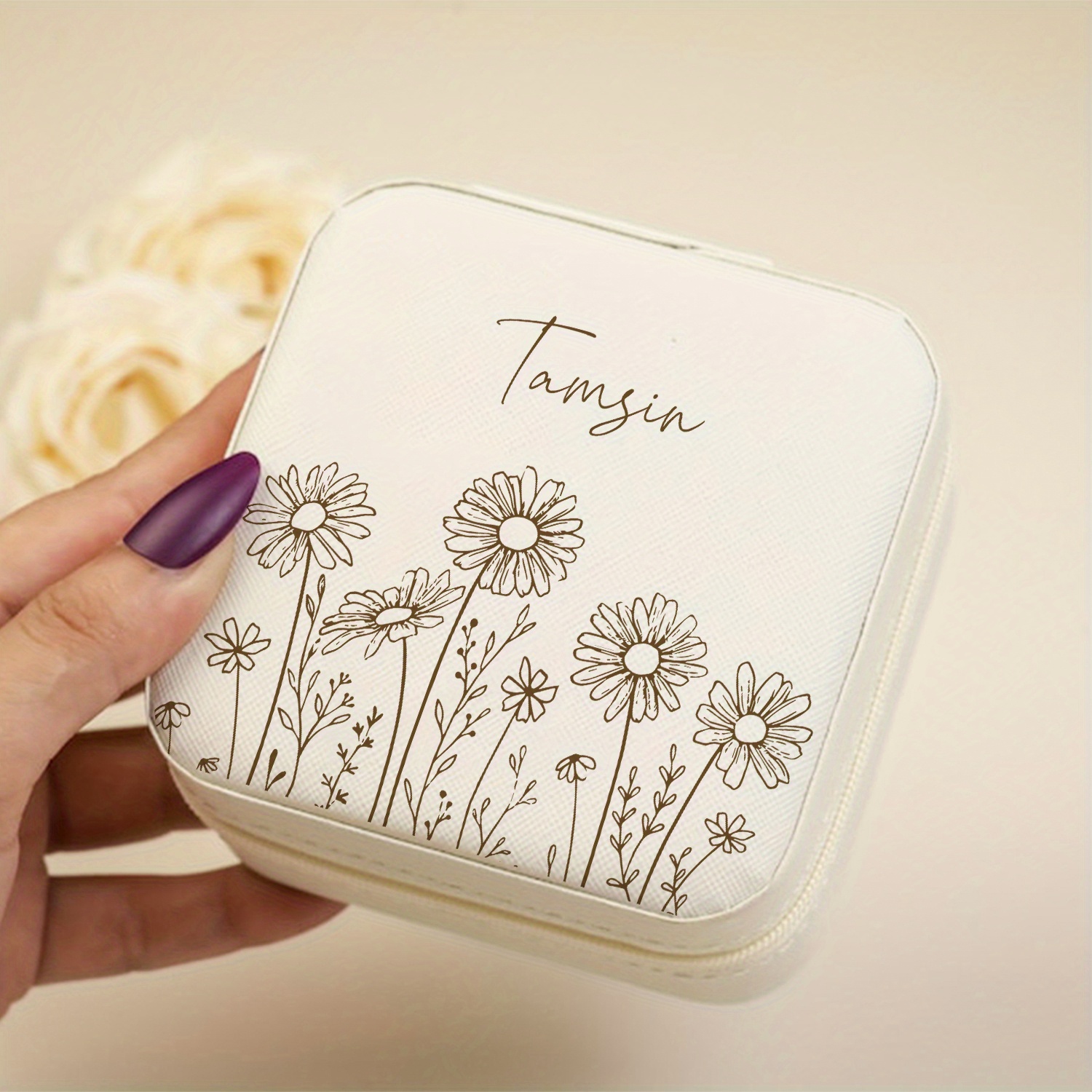 TEMU Personalized Wild Flower Name Jewelry Box Custom Beige Jewelry Boxes Bridesmaid Jewelry Box Travel Jewelry Case Gift For Her Couple Gift Custom