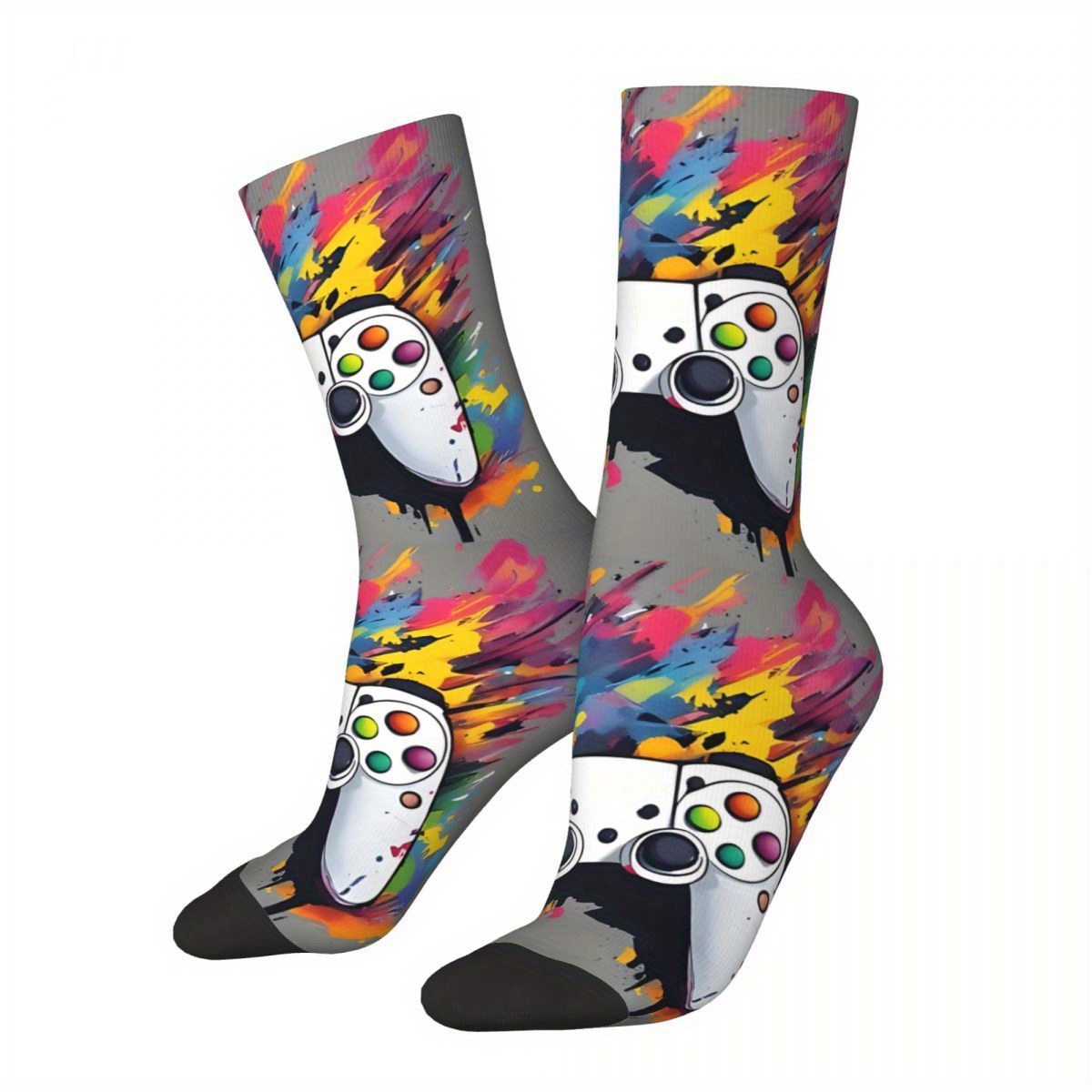 

1 Pair Biihudu Men's Vibrant Gamer Socks - Remote Control & Paint Splatter Design, Breathable Polyester With Elastane, -day Wear, Gamers & Travel Enthusiasts, Gaming Socks