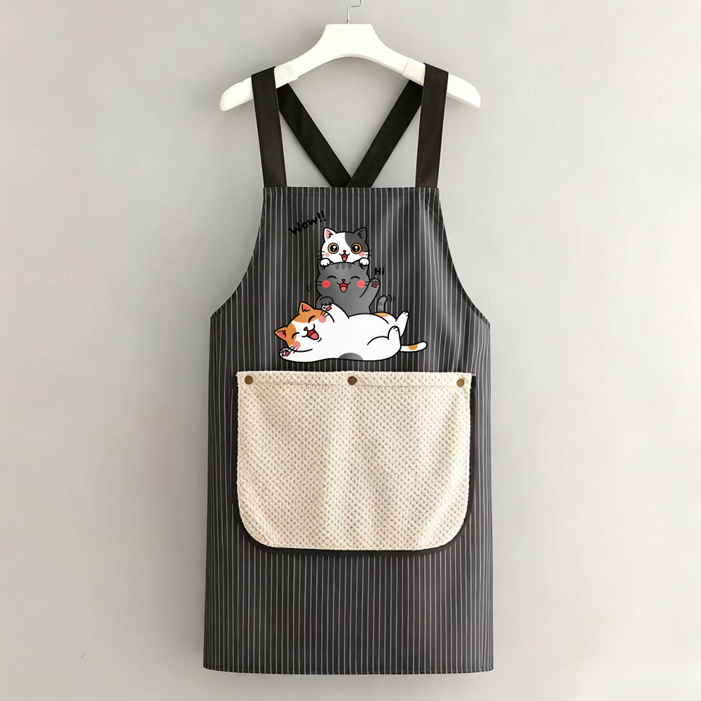 TEMU 1pc -themed Kitchen Apron With Detachable Towels & 2 Pockets - Cute Kitten Print Suitable For Baking, Cooking, Home & Restaurant Use, Durable