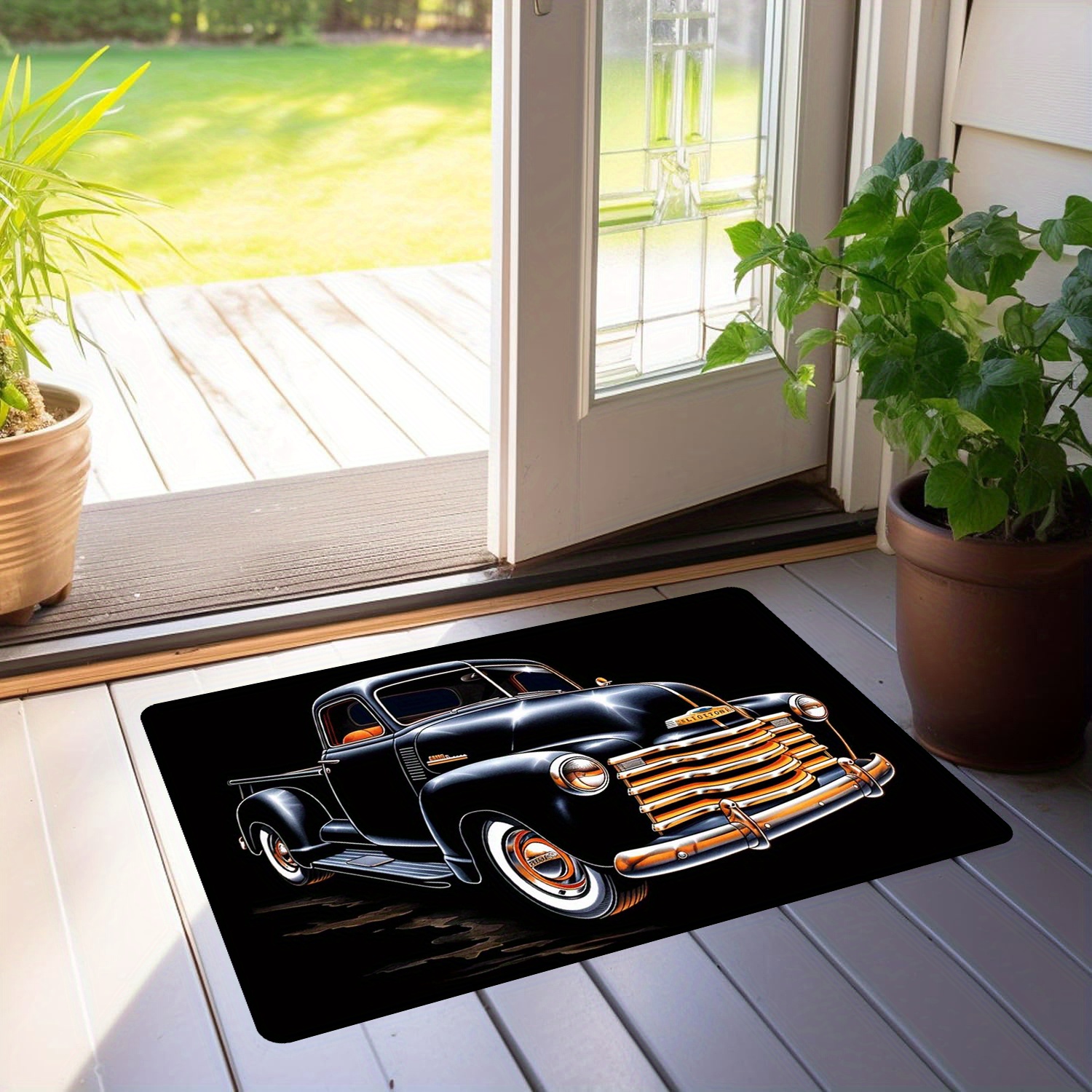 TEMU 1pc Vintage Car Print Area Mat - Soft Polyester, Lightweight, Machine-made, Washable, Rectangular Floor Mat With Golden & Black , Ideal For