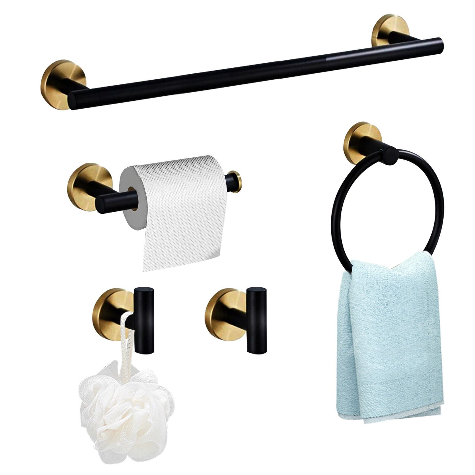 TEMU 5pcs Black Golden Bathroom Accessories Set, Stainless Steel Bathroom Hardware Set, Bath Towel Bar Set, Towel Racks For Bathroom Wall Mounted