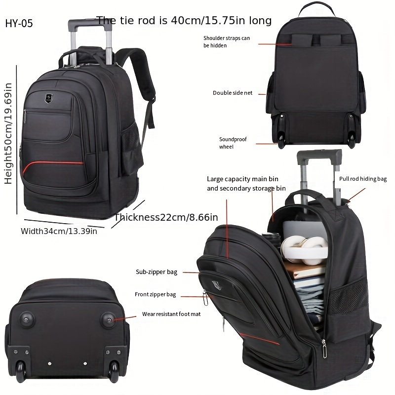 

Large Capacity Oxford Cloth Travel Backpack With Telescopic Aluminum Alloy Rod - Laptop Compartment, Wheels, Multiple Pockets & Height Adjustment - Black, Gray, , Backpack For Travel