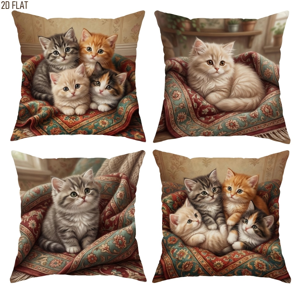 TEMU 4pcs 2d Flat Printing Summer Cushion Cover, Multiple Sizes , Featuring A Cute Cat Theme Pattern Printed On A Retro Carpet, With Warm Brown, Red,