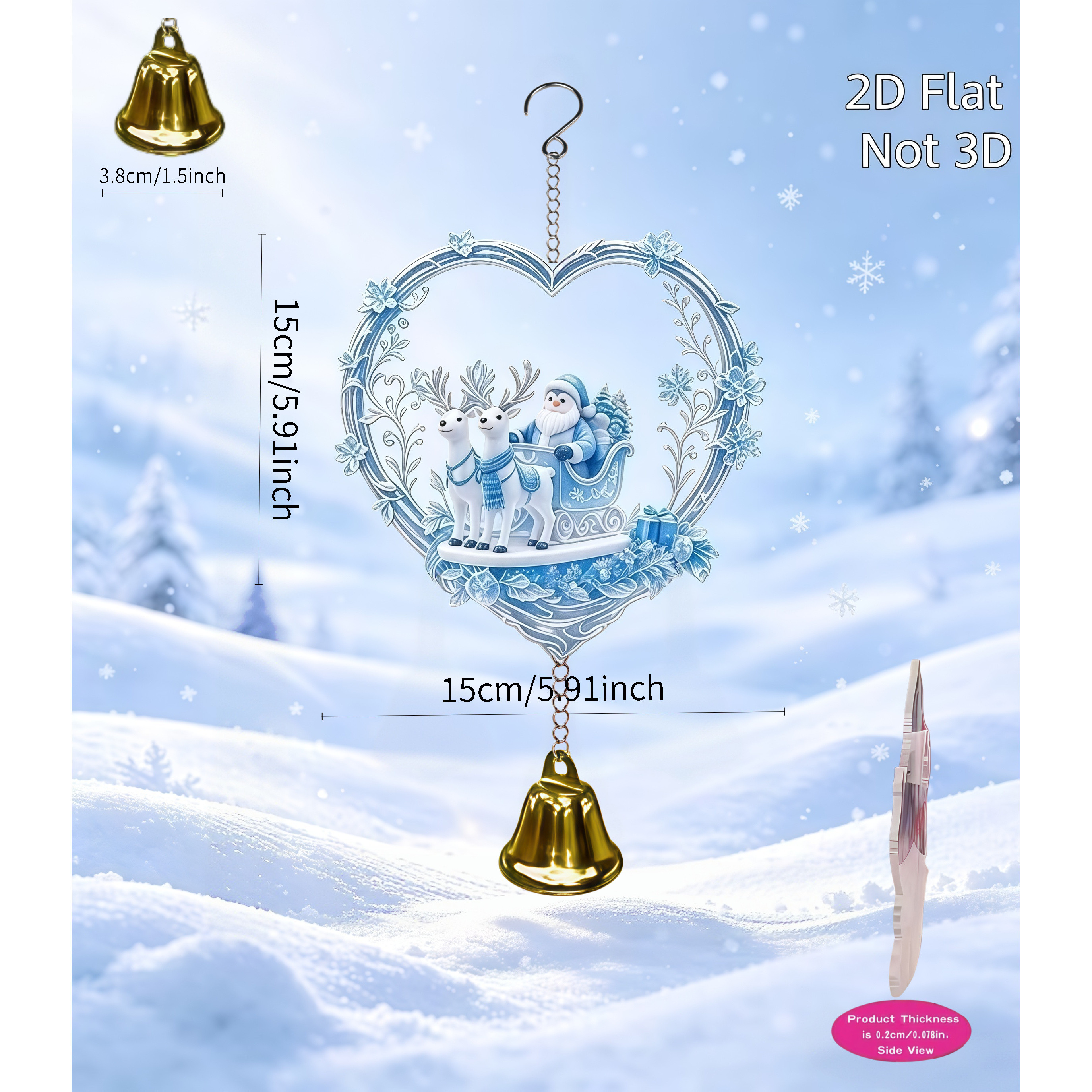 TEMU 2d Flat 2d Acrylic Heart Sleigh Wind Chime Ornament, Blue Christmas Bell Hanging Decoration For Courtyard, Doors, Windows, And Holiday Decor, 2d