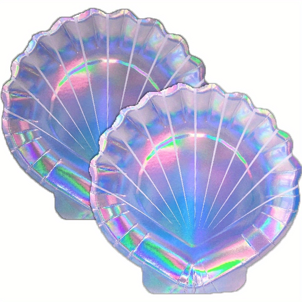 изображение предмета 50 шт. бумажные тарелки в виде ракушек, голографические иридесцентные тарелки для десертов и тортов на вечеринку, день рождения, свадьбу, с блестками, одноразовые тарелки для свадьбы, дня матери, украшения для дня рождения, хэллоуина, рождества, дня святого  , карнавала, рамадана, пасхи, свадьбы